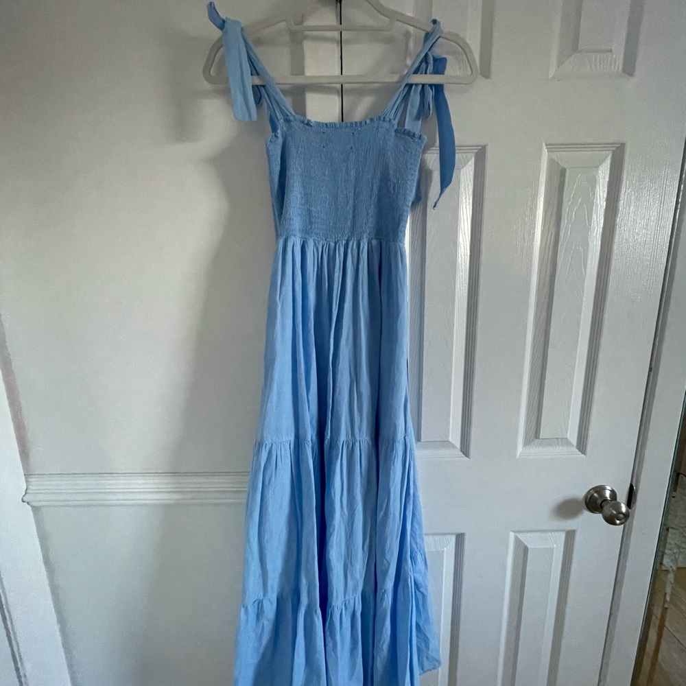 Xirena Loraine Smocked Tiered Cotton Midi Dress Blue Cottage Prairie Summer - Picture 6 of 8